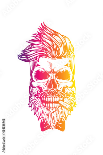 Hipster skull with beard and mustache with cigar in mouth.. Original vector illustration in vintage style. T-shirt design.