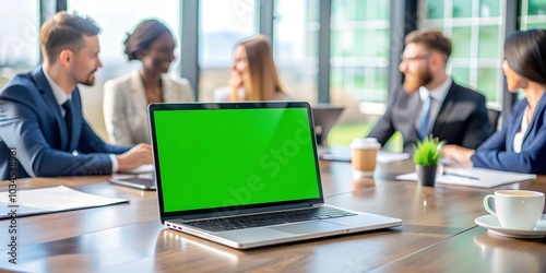 Laptop display with green screen background on an office desk while people attend a business meeting. Isolated mockup template with blank chroma key and free space on computer monitor. Closeup.	