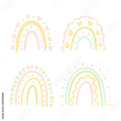 Cartoon rainbows with hearts, in pastel colors, isolated on a white background. Cute bright colorful arch elements isolated vector set for baby or kids design. Rainbow shaped collection.