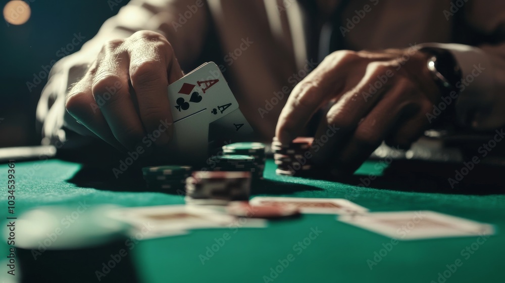 Casino gaming action with poker player's cards and chips. Casino gaming action with poker player's cards and chips.