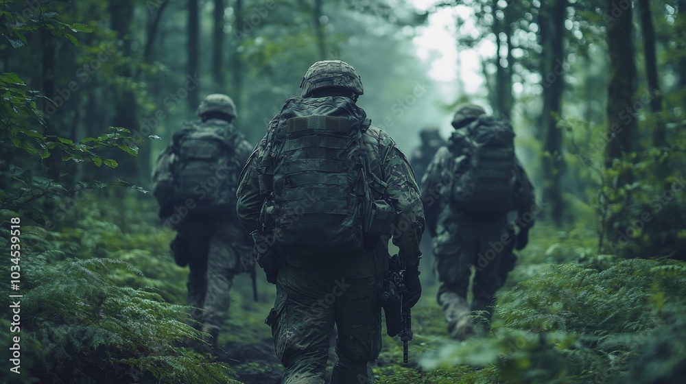 A group of soldiers dressed in camouflage trek through a thick forest shrouded in early morning mist, focused on their mission. A group of soldiers dressed in camouflage trek through a thick forest shrouded in early morning mist, focused on their mission.