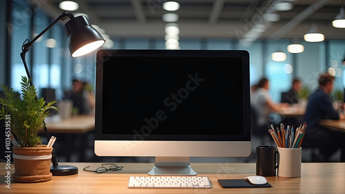 Generative, AI, Desktop with a blank screen monitor, keyboard, mouse, lamp, plant pot and pencils on a desk.


