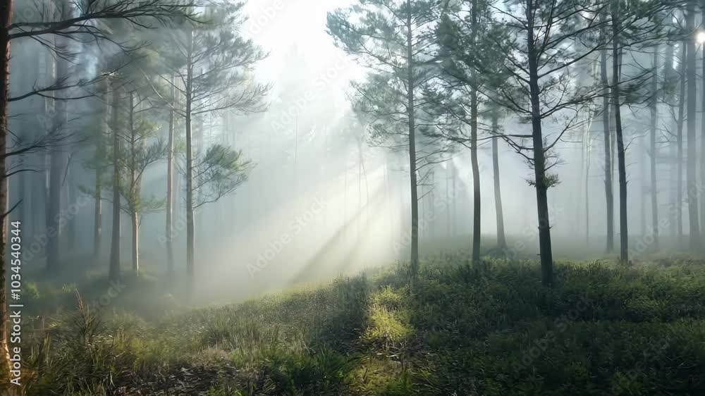 Misty morning in a pine forest, Video Misty morning in a pine forest, Video