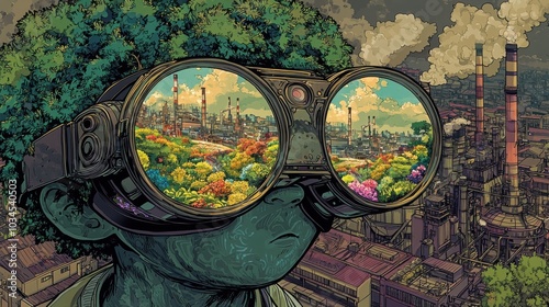 A cartoon tree in VR glasses reflects natures beauty against an industrial backdrop, highlighting nature vs industry, 