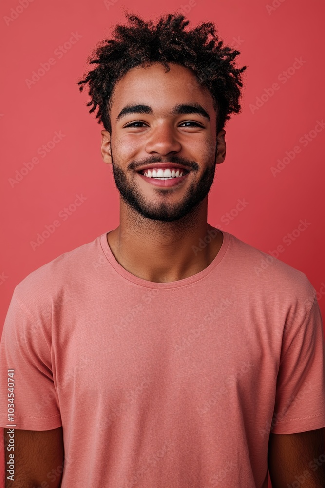 Smiling Clothing Model Wearing a Blank T-shirt Standing in Front of a Pink Background, Print on Demand Template, Fashion Portrait Mockup, People Wearing Tee Shirt with Print Copy Space Smiling Clothing Model Wearing a Blank T-shirt Standing in Front of a Pink Background, Print on Demand Template, Fashion Portrait Mockup, People Wearing Tee Shirt with Print Copy Space