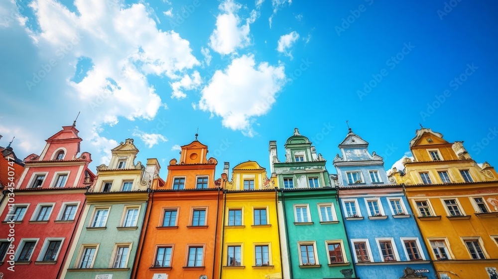 Fototapeta premium Medieval facades burst with color in Poznan's market square on a sunny day.