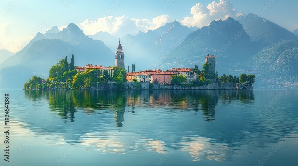 Fototapeta premium Stunning Island Villa Surrounded by Calm Lake Waters and Majestic Mountain Range in Lush Landscape with Blue Sky and Idyllic Scenery Perfect for Travel and Nature Photography