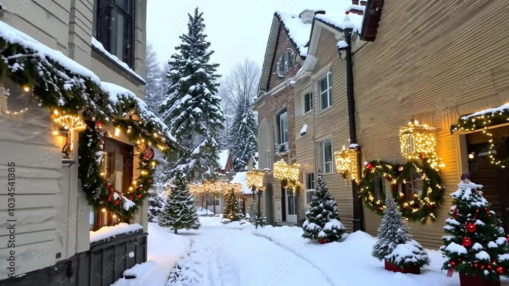 A snowy street lined with charming houses decorated with Christmas lights and greenery.