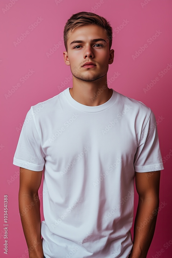 Confident Clothing Model Wearing a Blank T-shirt Standing in Front of a Pink Background, Print on Demand Template, Fashion Portrait Mockup, People Wearing Tee Shirt with Print Copy Space Confident Clothing Model Wearing a Blank T-shirt Standing in Front of a Pink Background, Print on Demand Template, Fashion Portrait Mockup, People Wearing Tee Shirt with Print Copy Space