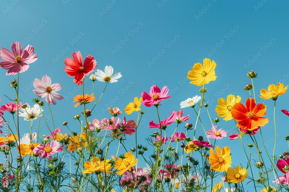 A field of colorful flowers against a blue sky A field of colorful flowers against a blue sky