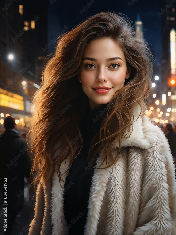 Portrait of a fashionable woman in the city with a coat, smiling and looking outdoors, showcasing beauty and lifestyle Portrait of a fashionable woman in the city with a coat, smiling and looking outdoors, showcasing beauty and lifestyle