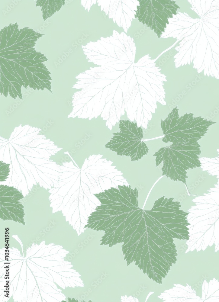 White, flat leaves in a pattern on a light green background, white on a pale blue background. White, flat leaves in a pattern on a light green background, white on a pale blue background.