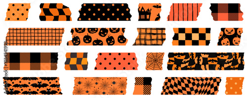 Cute Orange and Black Halloween Digital Vector Paper Masking Tape with Pumpkins, Bats and Plaid Patterns with Torn Edges