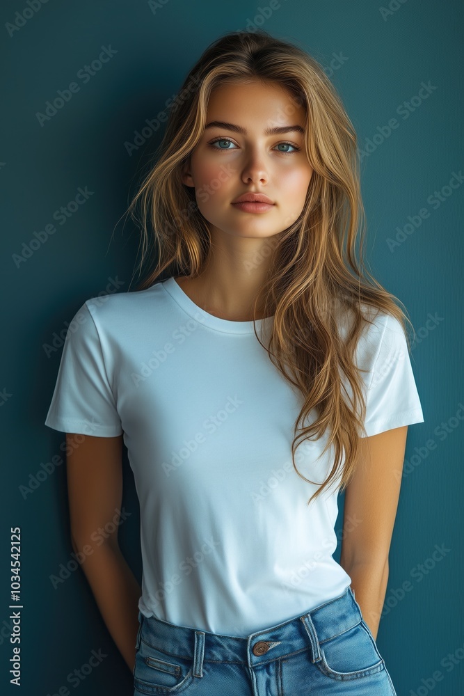 Teen Model Smiling and Wearing a Blank T-shirt Standing in Front of a Color Background, Print on Demand Template, Fashion Portrait Mockup, People Wearing Clothing with Print Copy Space Teen Model Smiling and Wearing a Blank T-shirt Standing in Front of a Color Background, Print on Demand Template, Fashion Portrait Mockup, People Wearing Clothing with Print Copy Space