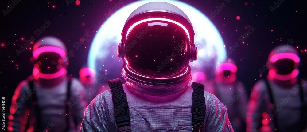 Fototapeta premium A group of futuristic astronauts with glowing helmets against a cosmic background.