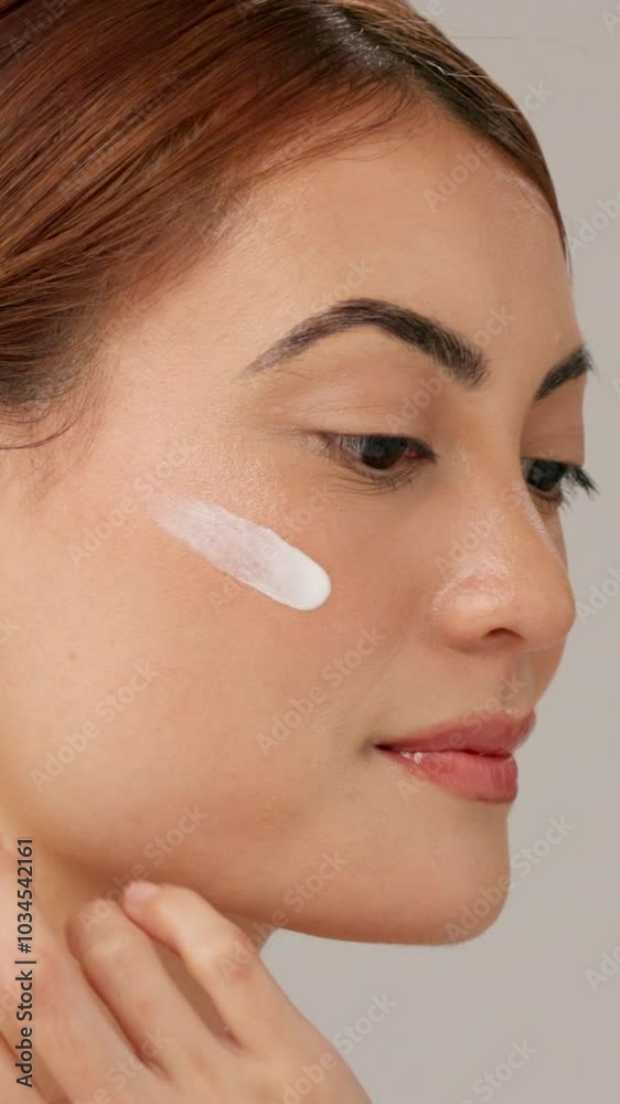 Woman, face and thinking for dermatology cream, skincare wellness and luxury salon spa results on gray background. Skin glow, product and model with cosmetic lotion, aesthetic and health in studio Woman, face and thinking for dermatology cream, skincare wellness and luxury salon spa results on gray background. Skin glow, product and model with cosmetic lotion, aesthetic and health in studio