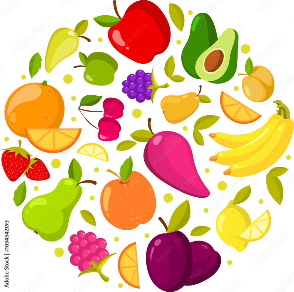 Fruit icons in round shape. Fresh organic food Fruit icons in round shape. Fresh organic food