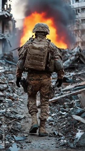 A soldier walks through a war-torn area, with destruction and flames in the background.