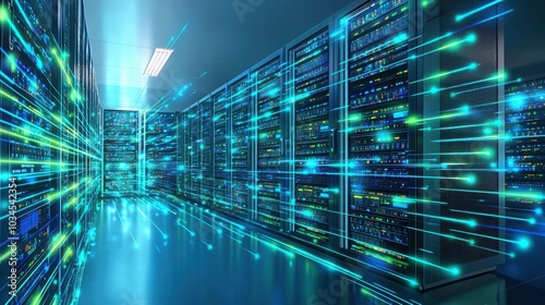 Futuristic data center with digital security grids surrounding a mainframe, illuminated with blue and green glowing lines for top-notch protection. 