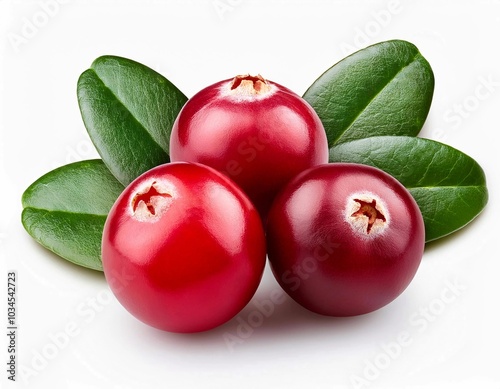 Fresh ripe cranberries with leaves isolated on white background. Macro photography of Cranberry 