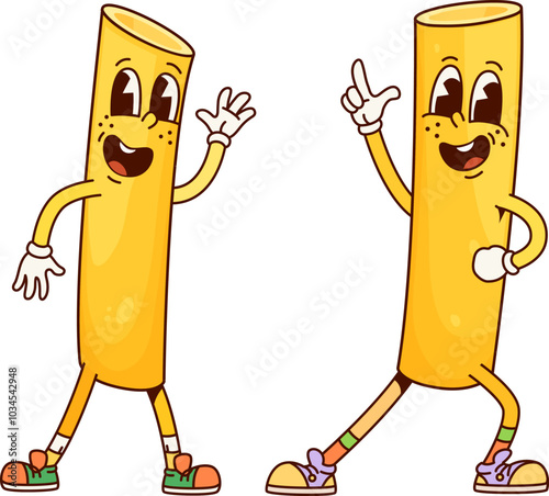 Cannelloni Italian pasta groovy childish character. Italian restaurant tasty meal personage, Italy cuisine menu wheat gourmet or Cannelloni raw noodle dish funny retro groovy isolated vector character