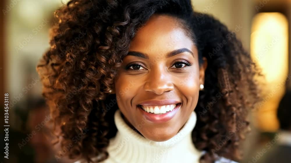 Close-up of smiling black woman in white sweater. Warm lighting. Close-up of smiling black woman in white sweater. Warm lighting.