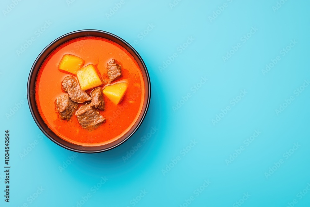 Delicious beef stew with potatoes in a bowl, vibrant blue background, mouthwatering comfort food. Delicious beef stew with potatoes in a bowl, vibrant blue background, mouthwatering comfort food.