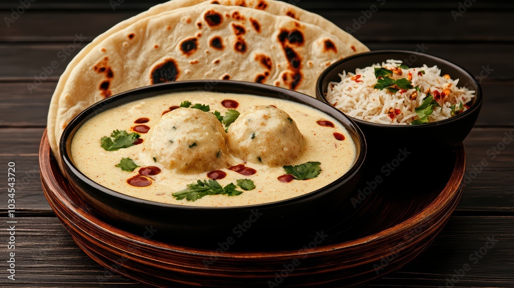 Delicious Indian dish with lentil dumplings in curry and side of rice and flatbread on wooden table.