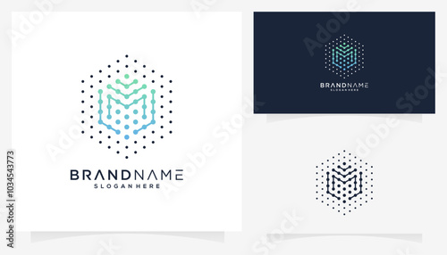 Vector letter M with dot connections in the form of a hexagonal cube icon symbols. Abstract unique monogram logo design inspiration. Gradient colors.