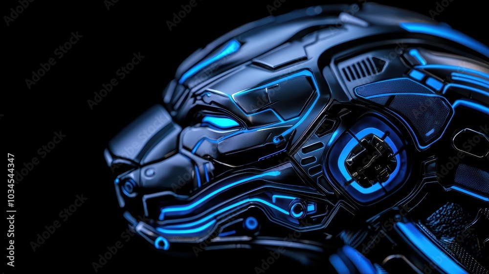 Futuristic robotic lion head design with blue neon accents, isolated on black background. Futuristic robotic lion head design with blue neon accents, isolated on black background.
