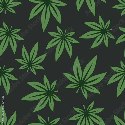 Vector Seamless Pattern with Flat Cannabis Leaves. Hemp, Cannabis Green Leaf on Black Background. Seamless Print with Medical Marijuana. Vector Illustration