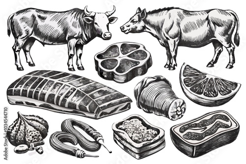 Vector illustration of fresh raw meat products like steak, ribs, and ham for butcher or cooking designs