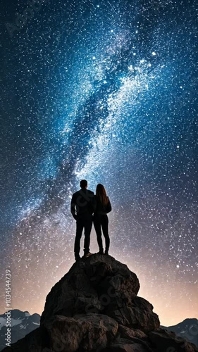 A couple stands on a rock, gazing at a starry sky filled with a vibrant galaxy.