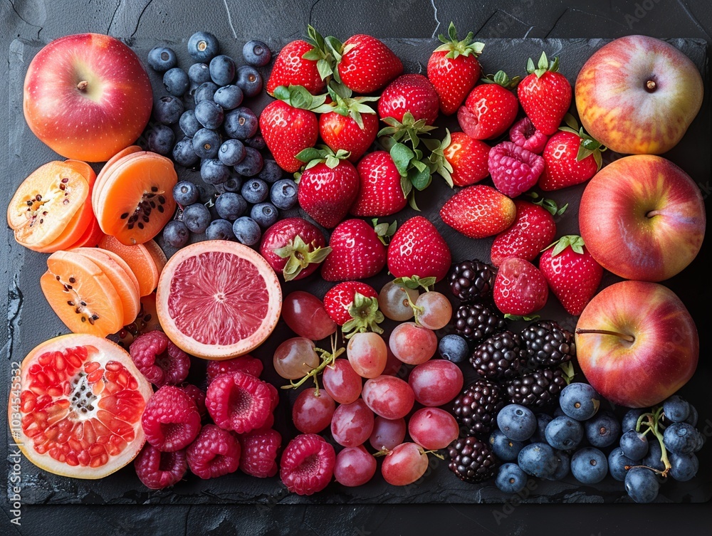 Fresh Fruit Arrangement: Strawberries, Blueberries, Raspberries, Blackberries, Grapes, Apples, Grapefruit, Papaya Fresh Fruit Arrangement: Strawberries, Blueberries, Raspberries, Blackberries, Grapes, Apples, Grapefruit, Papaya