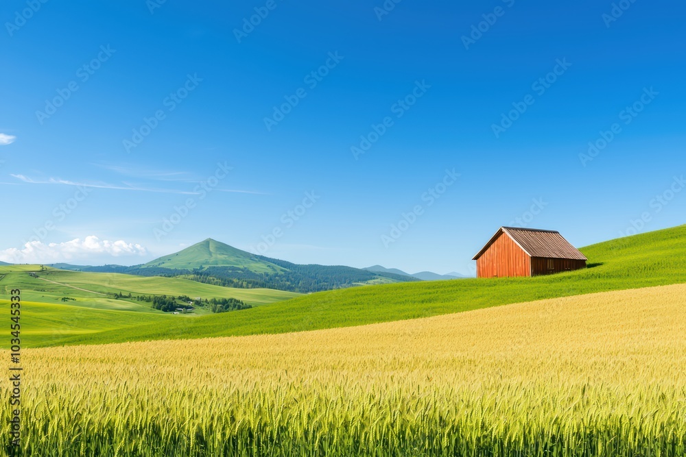 Scenic view of a vibrant field with a red barn and mountains under a clear blue sky. Scenic view of a vibrant field with a red barn and mountains under a clear blue sky.