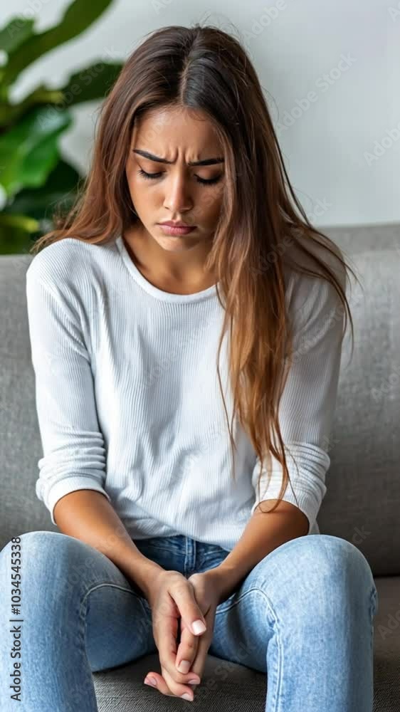 A young woman sits on a couch, looking down with a pensive expression. A young woman sits on a couch, looking down with a pensive expression.