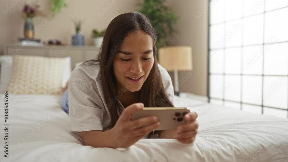 Woman lying on bed in bedroom using smartphone engaging with content showing emotions, surrounded by cozy home decor and bright indoor lighting, creating a warm and inviting atmosphere Woman lying on bed in bedroom using smartphone engaging with content showing emotions, surrounded by cozy home decor and bright indoor lighting, creating a warm and inviting atmosphere