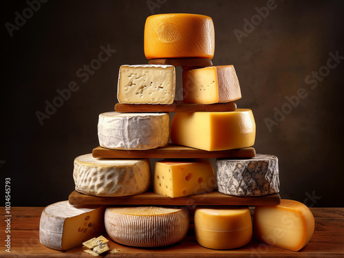 A close-up of various types of cheese arranged on a wooden background, highlighting their textures and colors photo