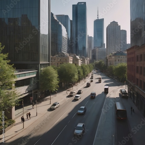 Panoramic Daytime View of Modern City with Glass High-Rises and Bustling Streets