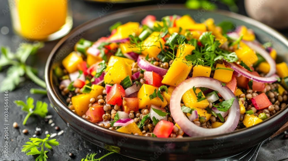An invigorating cold salad with buckwheat diced red onions and vibrant diced mango all coated in a light and refreshing citrus dressing. An invigorating cold salad with buckwheat diced red onions and vibrant diced mango all coated in a light and refreshing citrus dressing.