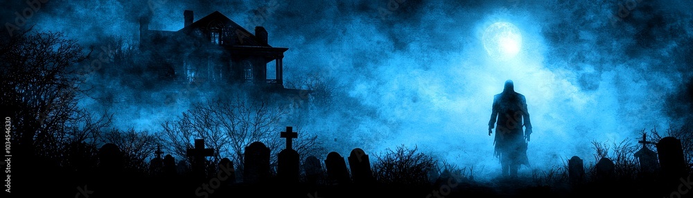 A chilling encounter illustration of a spooky phantom floating near an abandoned mansion under a full moon A chilling encounter illustration of a spooky phantom floating near an abandoned mansion under a full moon