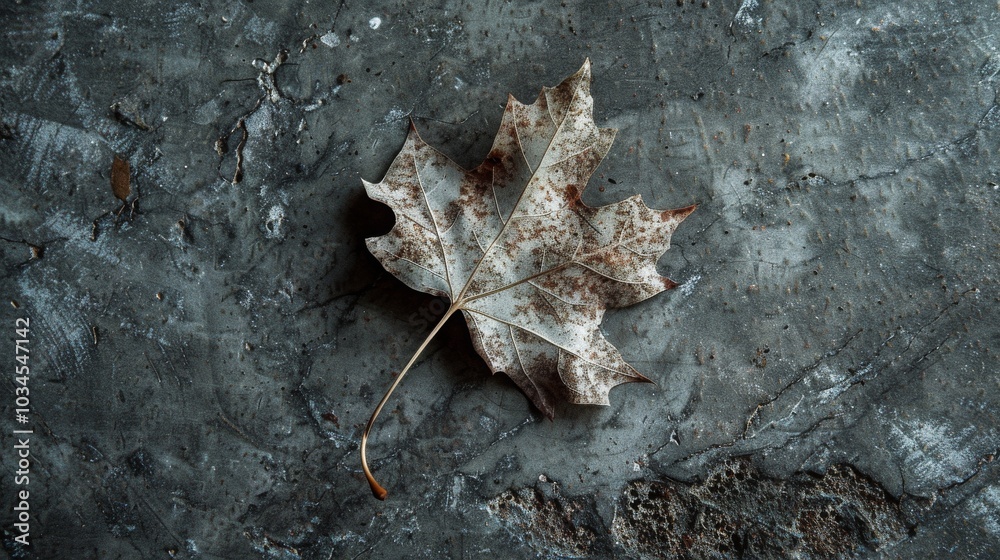 A single, dried maple leaf rests on a textured, gray surface, creating a minimalist autumnal still life. A single, dried maple leaf rests on a textured, gray surface, creating a minimalist autumnal still life.