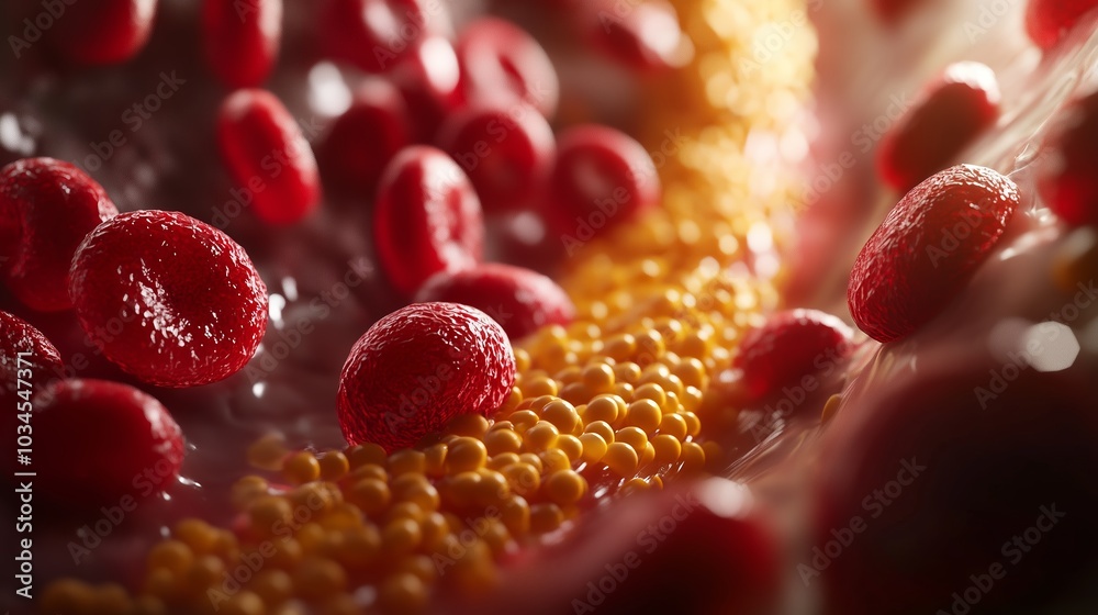 Close-up view of red blood cells flowing through an artery with plaque buildup in a human circulatory system Close-up view of red blood cells flowing through an artery with plaque buildup in a human circulatory system
