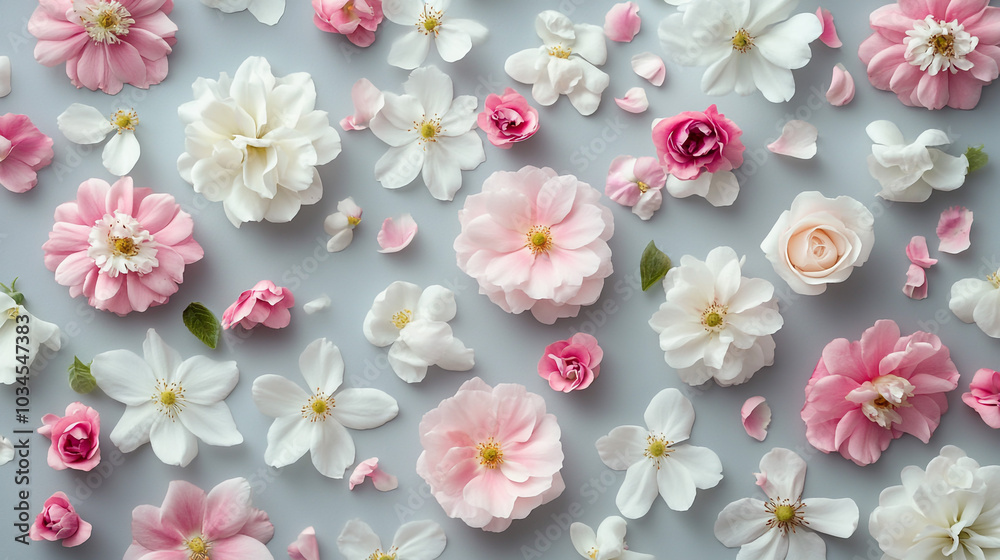 Beautifully arranged pattern of soft pink and white flowers on light pastel background, creating a serene and elegant atmosphere. Perfect for themes of spring, romance, and natural beauty. Beautifully arranged pattern of soft pink and white flowers on light pastel background, creating a serene and elegant atmosphere. Perfect for themes of spring, romance, and natural beauty.