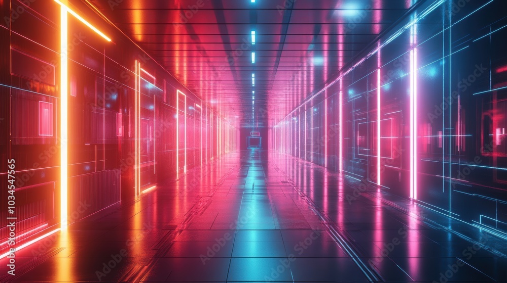 A vibrant, futuristic corridor illuminated by neon lights in shades of pink and blue, reflecting a high-tech ambiance. A vibrant, futuristic corridor illuminated by neon lights in shades of pink and blue, reflecting a high-tech ambiance.