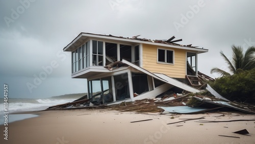 Waves destroy a coastal home, showcasing destruction of coastal buildings