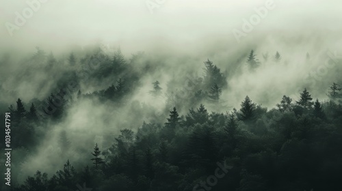 A misty forest with tall trees shrouded in fog, creating an ethereal and mysterious atmosphere.