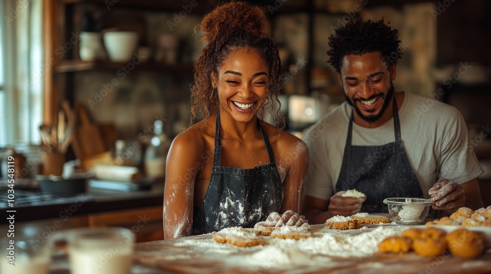 The couple is happily engaged in baking, covered in flour while shaping dough into cookies. The kitchen's warm ambiance complements their laughter and teamwork. The couple is happily engaged in baking, covered in flour while shaping dough into cookies. The kitchen's warm ambiance complements their laughter and teamwork.