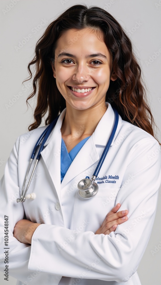 A self-assured yet friendly young doctor dons a white lab coat and stethoscope signifying professionalism and warmth A self-assured yet friendly young doctor dons a white lab coat and stethoscope signifying professionalism and warmth