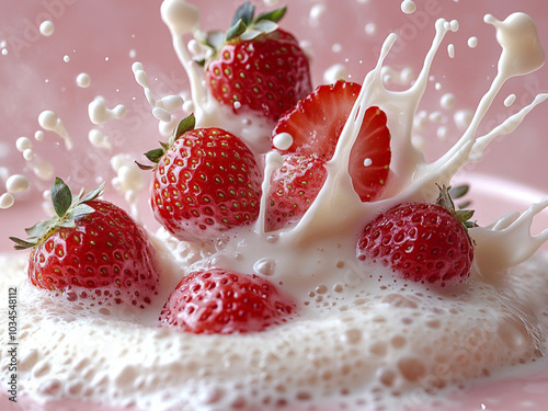 many strawberries exploding from milk, soaring in the air, pink background, studio lighting, soft lighting, advertising photography  photo